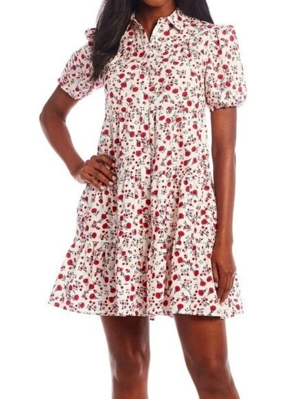 Eliza J Dress White with Red Floral Print and Puff Sleeves